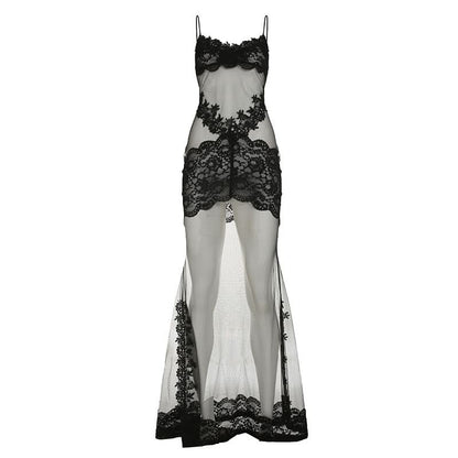 Lace hem v neck see through mesh cami maxi dress
