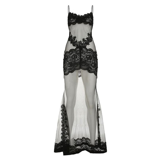 Lace hem v neck see through mesh cami maxi dress