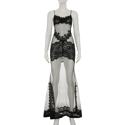 Lace hem v neck see through mesh cami maxi dress