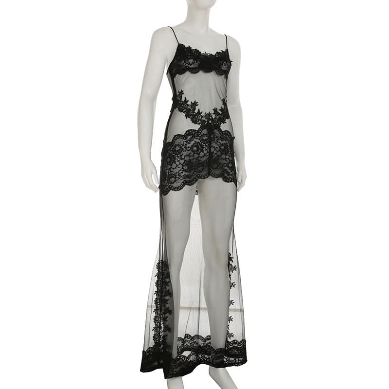 Lace hem v neck see through mesh cami maxi dress