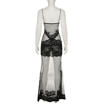 Lace hem v neck see through mesh cami maxi dress