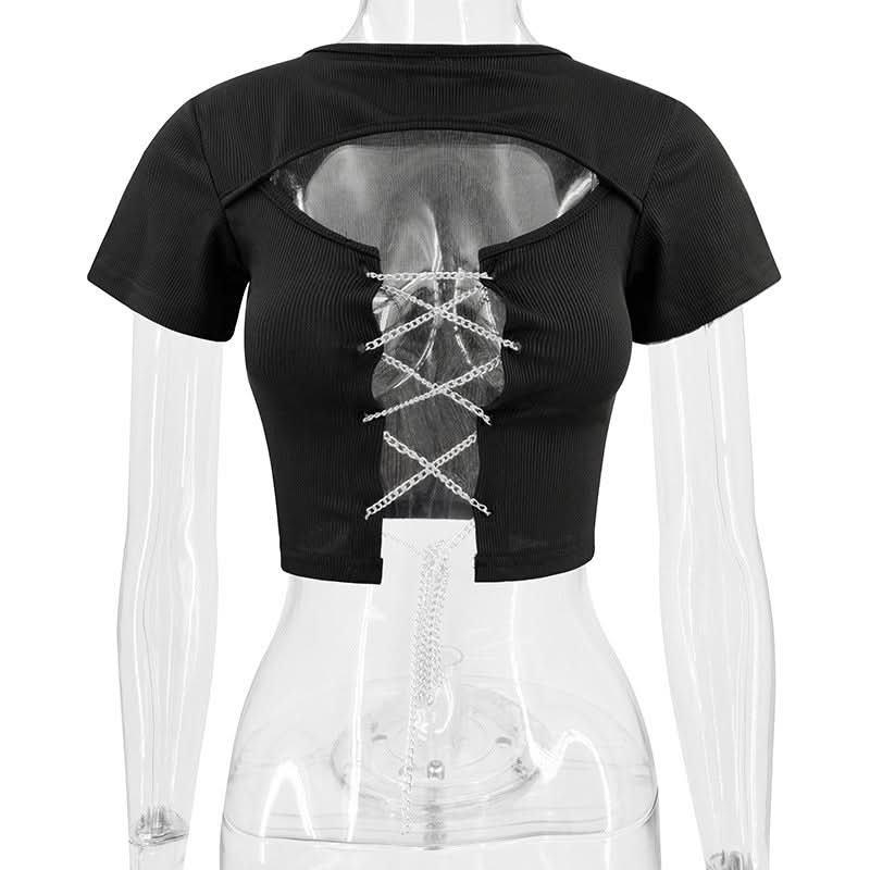 Short sleeve hollow out metal chain lace up ribbed cut out top
