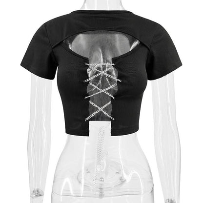 Short sleeve hollow out metal chain lace up ribbed cut out top