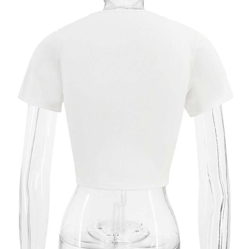 Short sleeve hollow out metal chain lace up ribbed cut out top