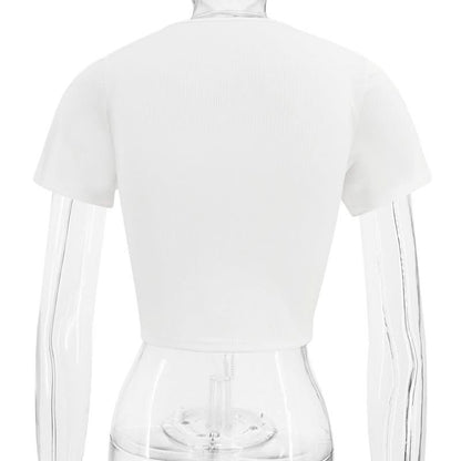 Short sleeve hollow out metal chain lace up ribbed cut out top