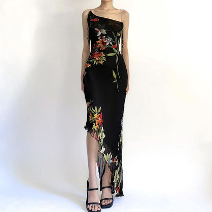 Irregular flower print ruffle cami midi dress