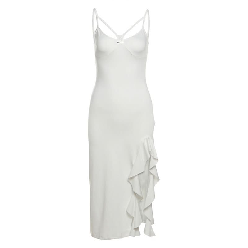 Hollow out v neck slit ruffle cami cut out midi dress