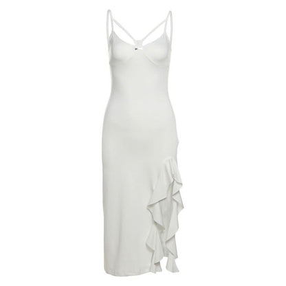 Hollow out v neck slit ruffle cami cut out midi dress