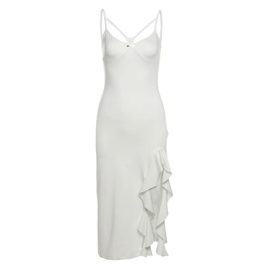 Hollow out v neck slit ruffle cami cut out midi dress