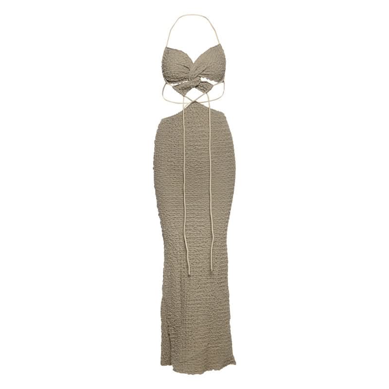 Textured halter self tie v neck hollow out cut out maxi dress