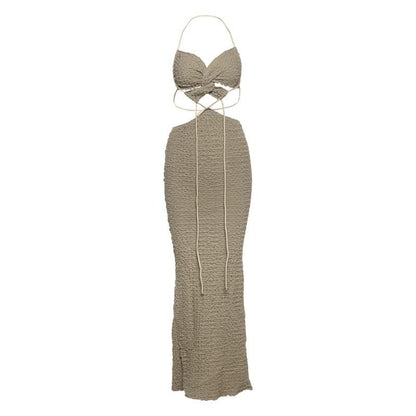 Textured halter self tie v neck hollow out cut out maxi dress