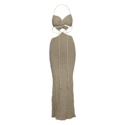 Textured halter self tie v neck hollow out cut out maxi dress