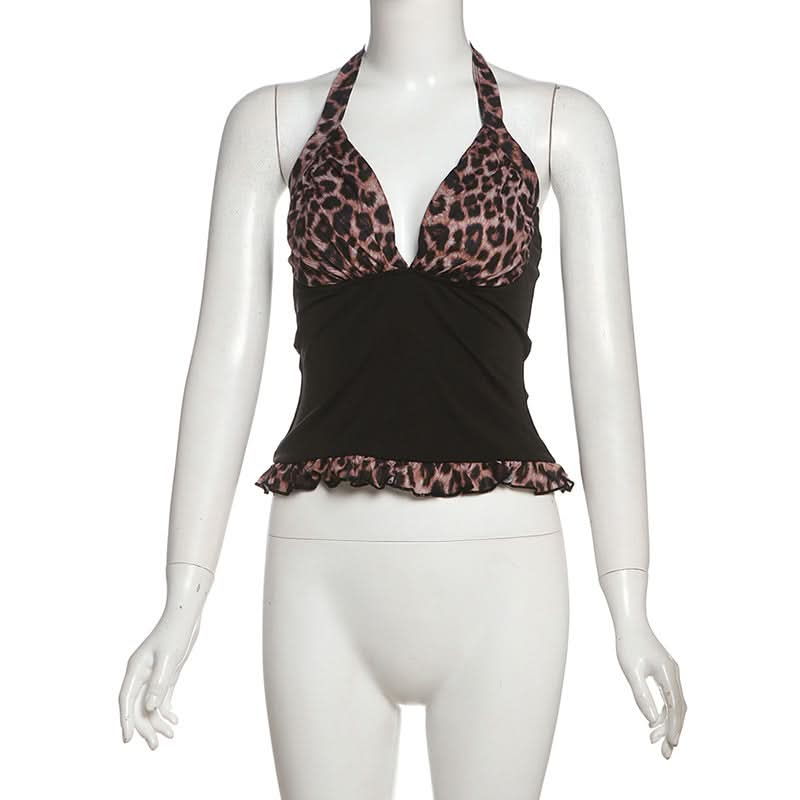 Leopard print halter self tie v neck ruffle top