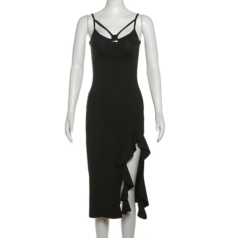 Hollow out v neck slit ruffle cami cut out midi dress