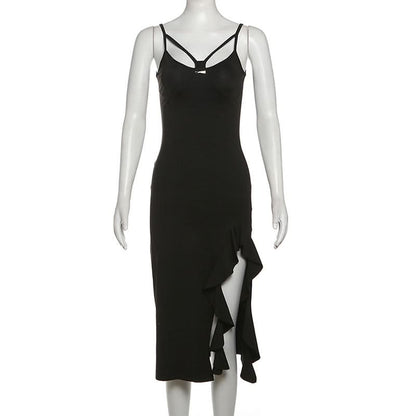Hollow out v neck slit ruffle cami cut out midi dress