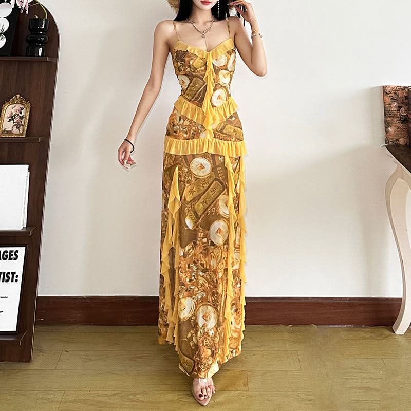 Ruffle v neck slit print cami maxi dress