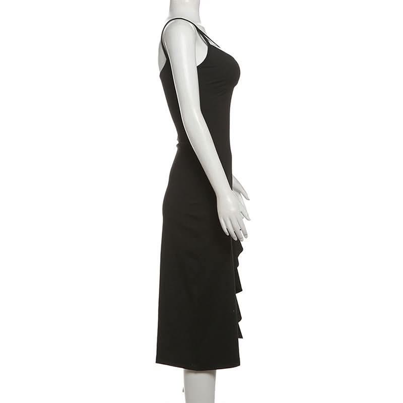 Hollow out v neck slit ruffle cami cut out midi dress
