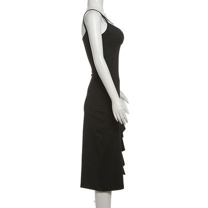 Hollow out v neck slit ruffle cami cut out midi dress