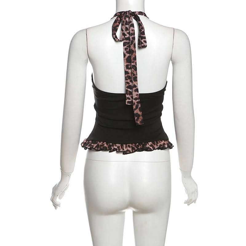 Leopard print halter self tie v neck ruffle top