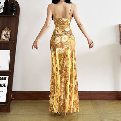 Ruffle v neck slit print cami maxi dress