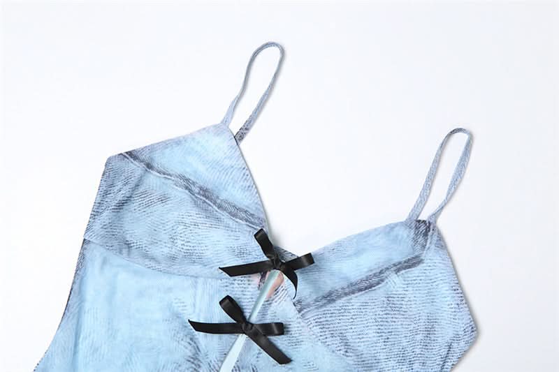 Bowknot hollow out v neck print cami cut out mini dress