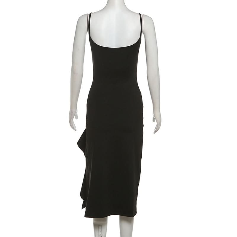 Hollow out v neck slit ruffle cami cut out midi dress
