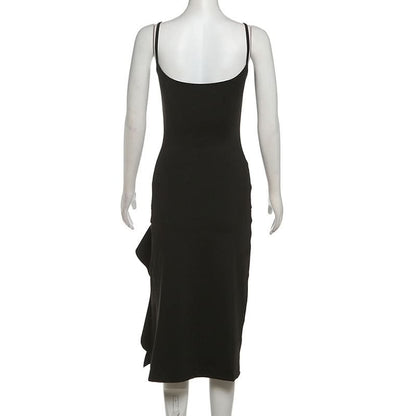 Hollow out v neck slit ruffle cami cut out midi dress