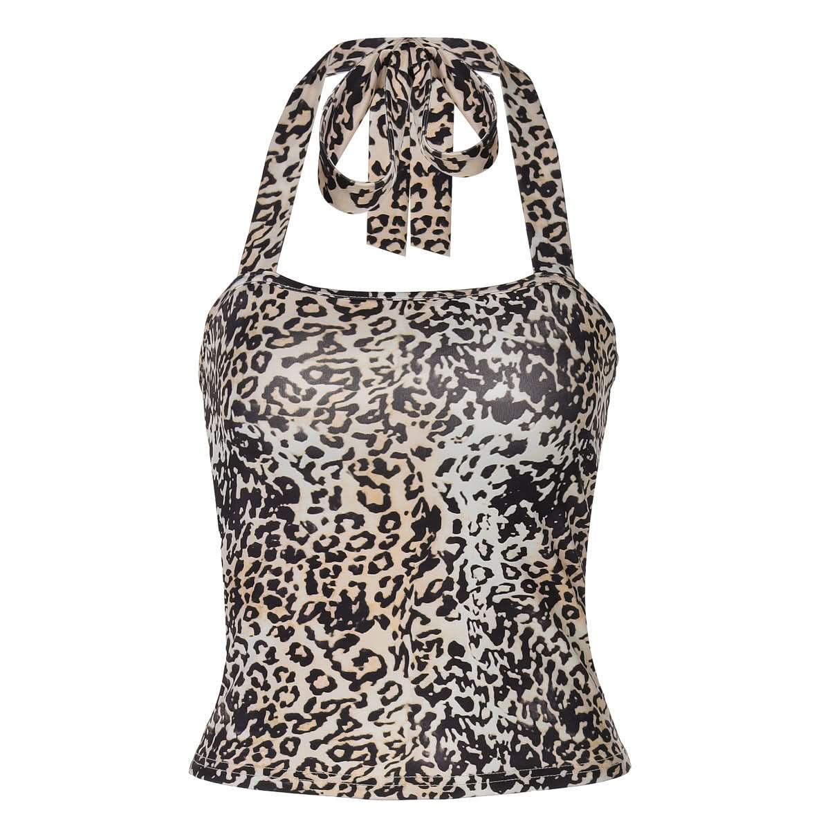Leopard print halter self tie square neck top