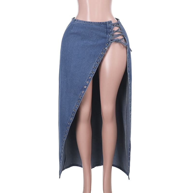 High slit lace up denim irregular maxi skirt