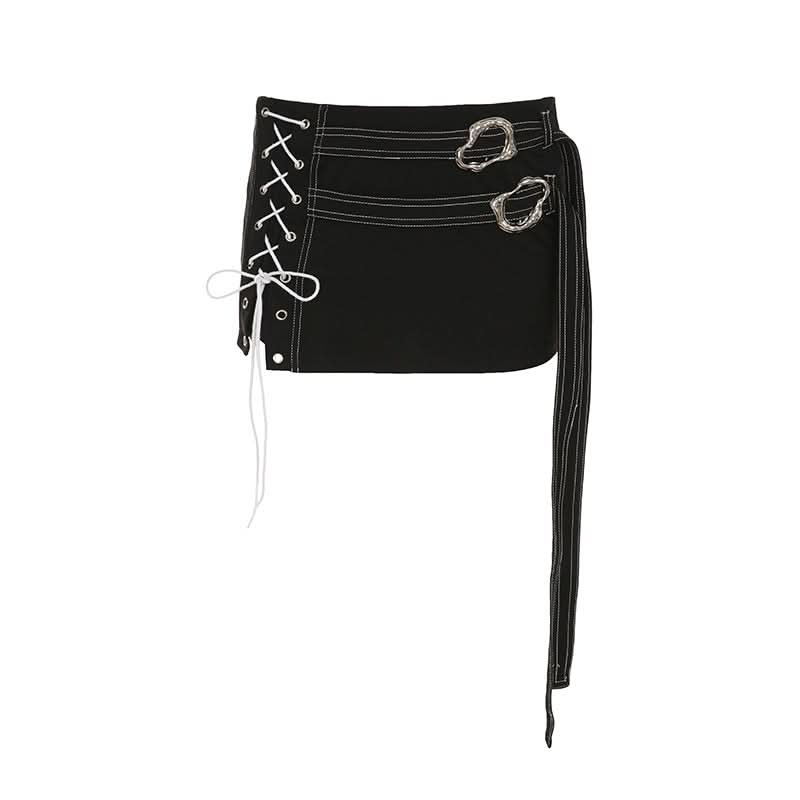 Lace up slit irregular buckle mini skirt