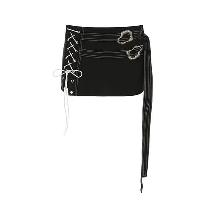 Lace up slit irregular buckle mini skirt