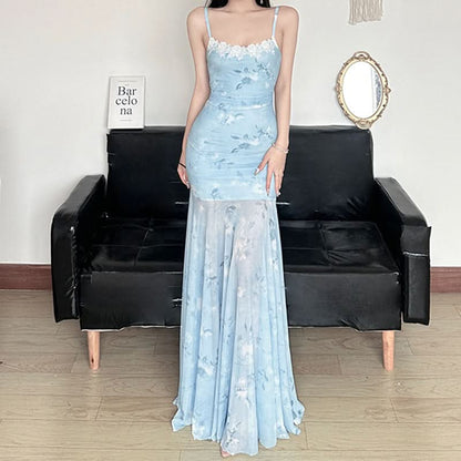 Ruched lace hem print mesh cami maxi dress