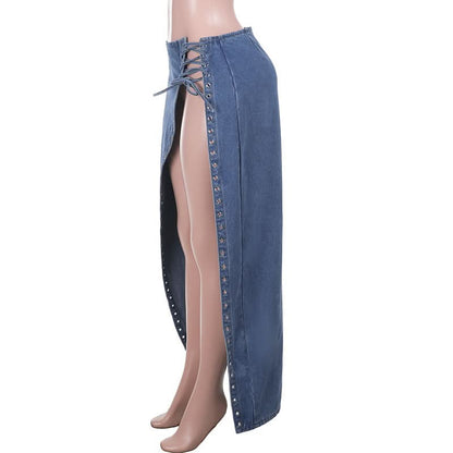 High slit lace up denim irregular maxi skirt