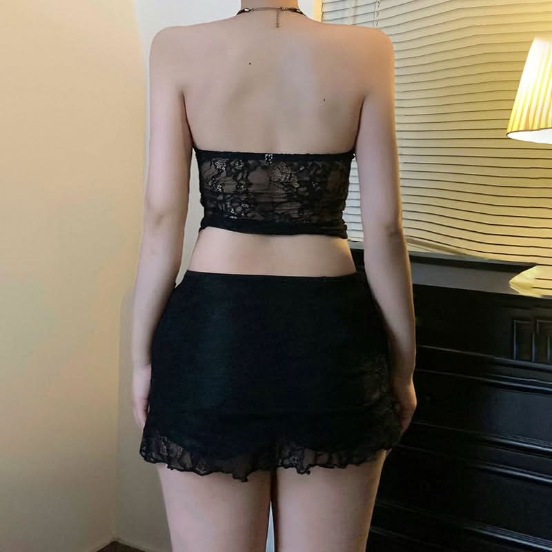 Bowknot sweetheart neck lace hollow out tube cut out top