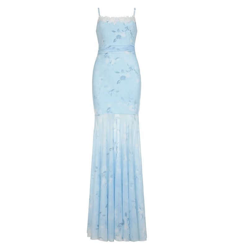 Ruched lace hem print mesh cami maxi dress