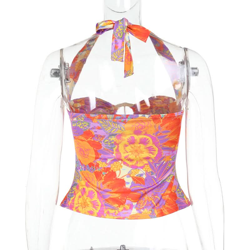 Self tie halter hollow out flower print cut out top