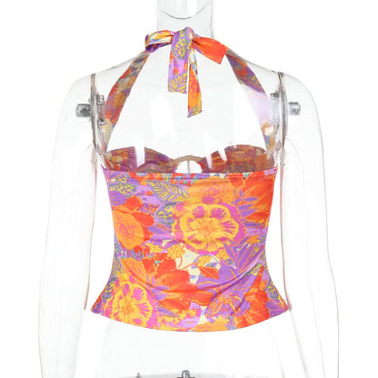 Self tie halter hollow out flower print cut out top
