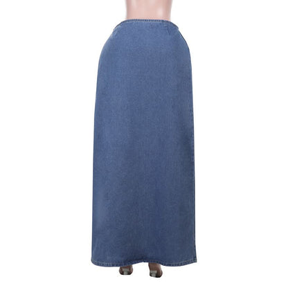 High slit lace up denim irregular maxi skirt