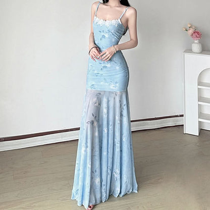 Ruched lace hem print mesh cami maxi dress