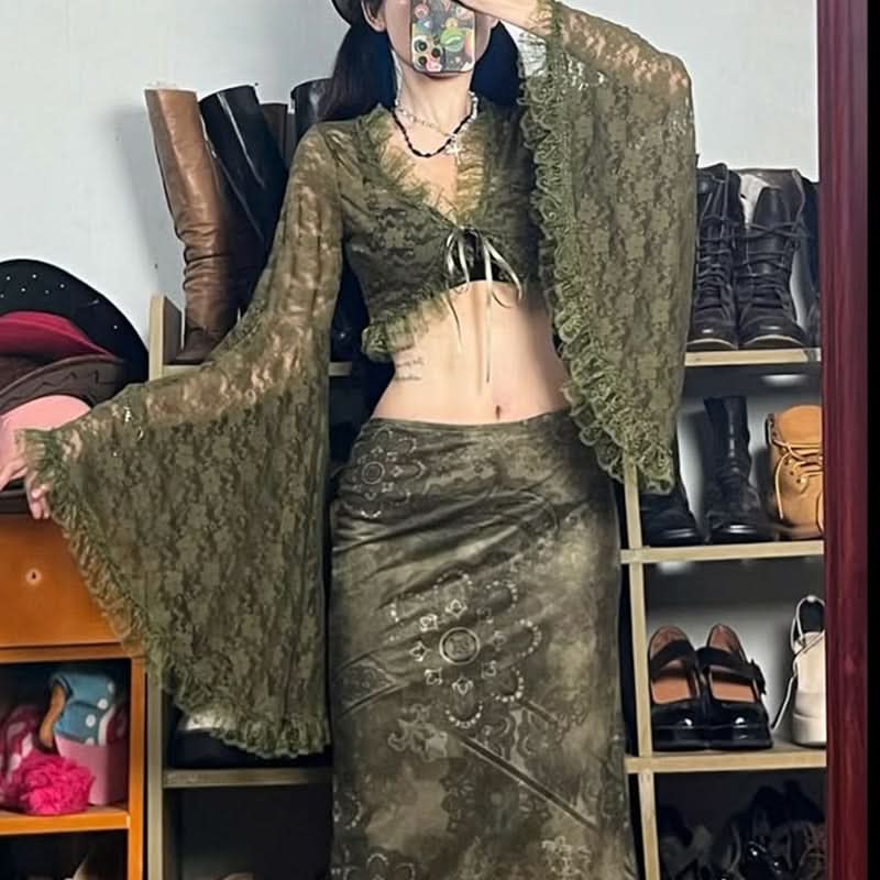 Long flared sleeve lace ruffle self tie v neck crop top