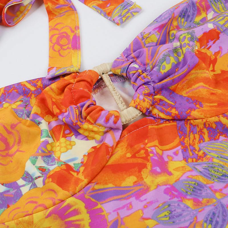 Self tie halter hollow out flower print cut out top