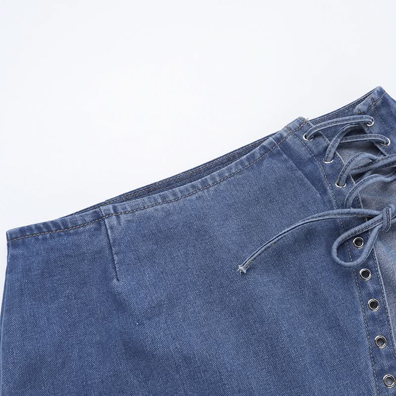 High slit lace up denim irregular maxi skirt