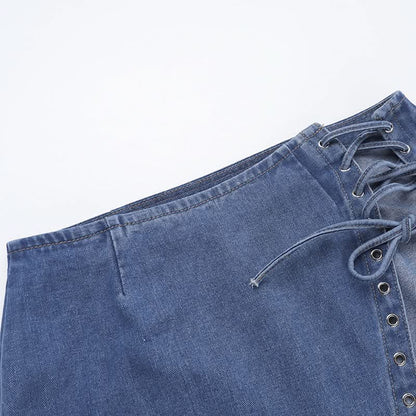 High slit lace up denim irregular maxi skirt