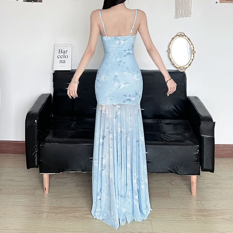 Ruched lace hem print mesh cami maxi dress