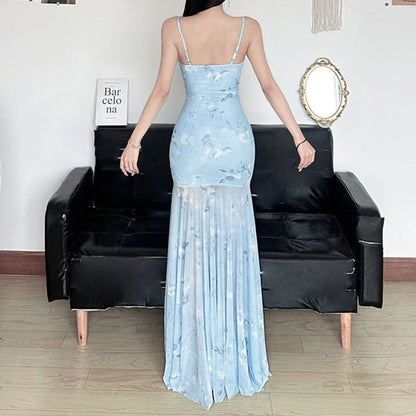 Ruched lace hem print mesh cami maxi dress