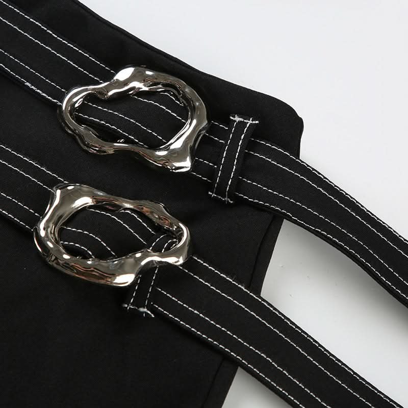 Lace up slit irregular buckle mini skirt