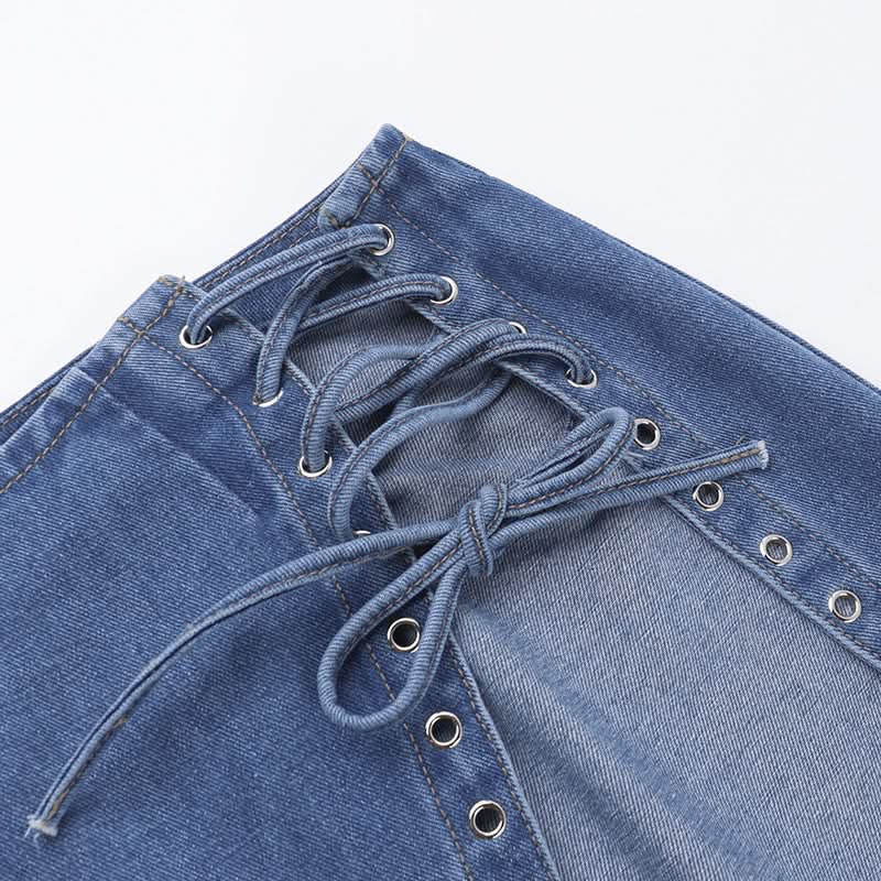 High slit lace up denim irregular maxi skirt