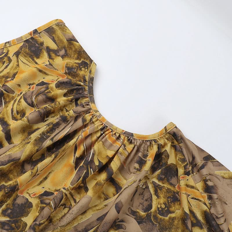 One shoulder slit ruched print hollow out cut out maxi dress