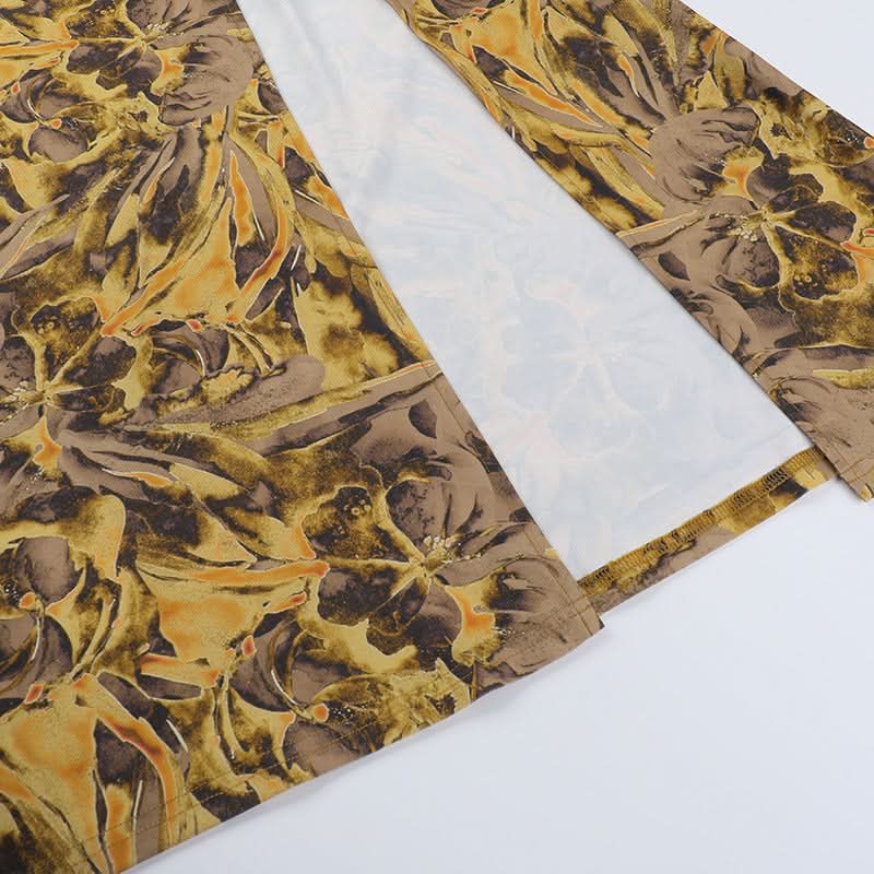 One shoulder slit ruched print hollow out cut out maxi dress