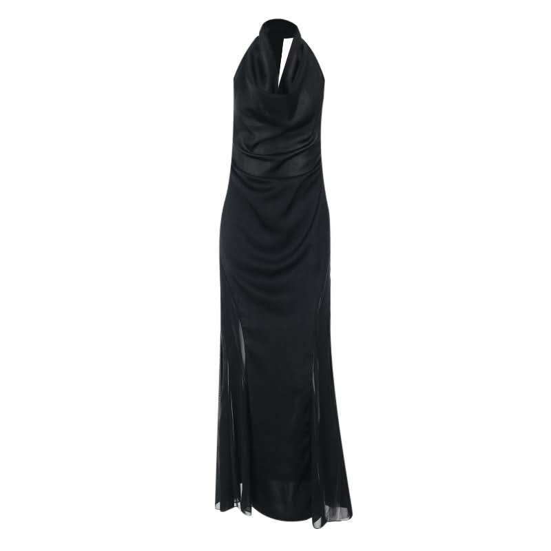 Cowl neck zip-up backless solid maxi dress